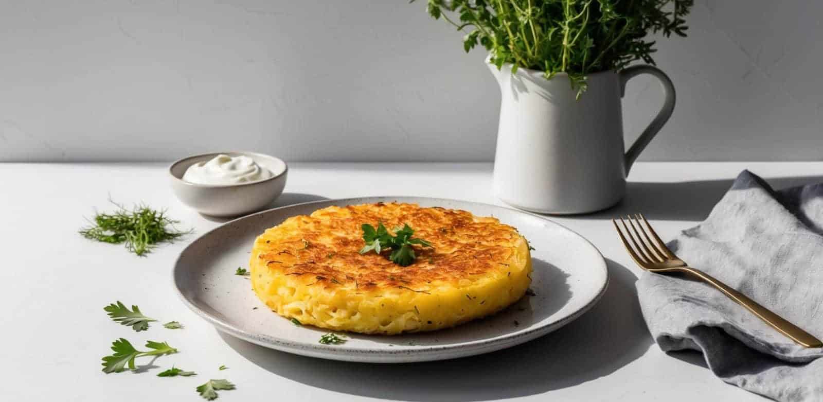 A golden, crispy Swiss Rösti on a plate garnished with parsley, accompanied by a small bowl of sour cream, a jug filled with fresh herbs, and a fork with a napkin on the side—a perfect recipe for delight.
