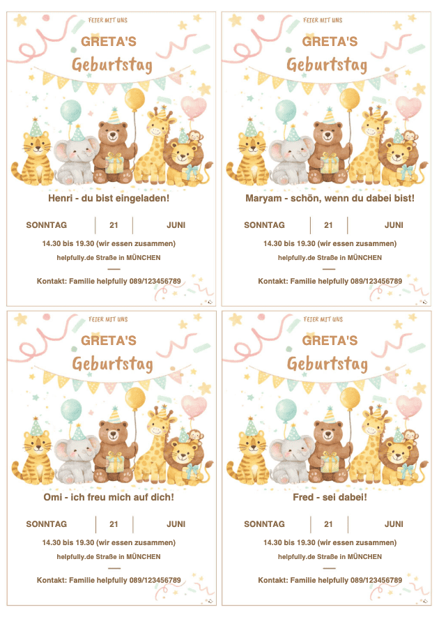 4 Einladungs-Karten mit 4 Namen auf einen Schwung per PDF erstellen!