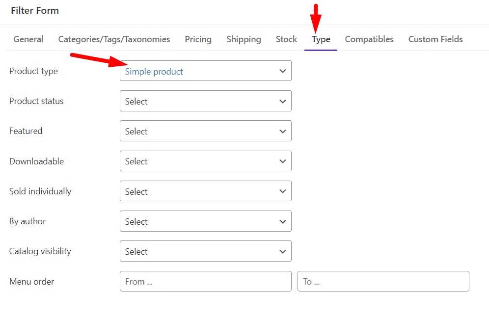 Select simple product for filter product type