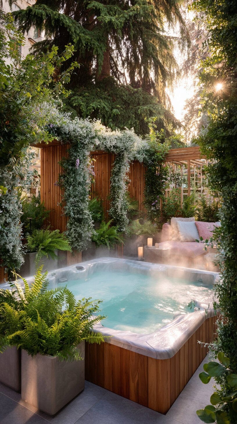 Backyard Hot Tub covered by trees and plants.