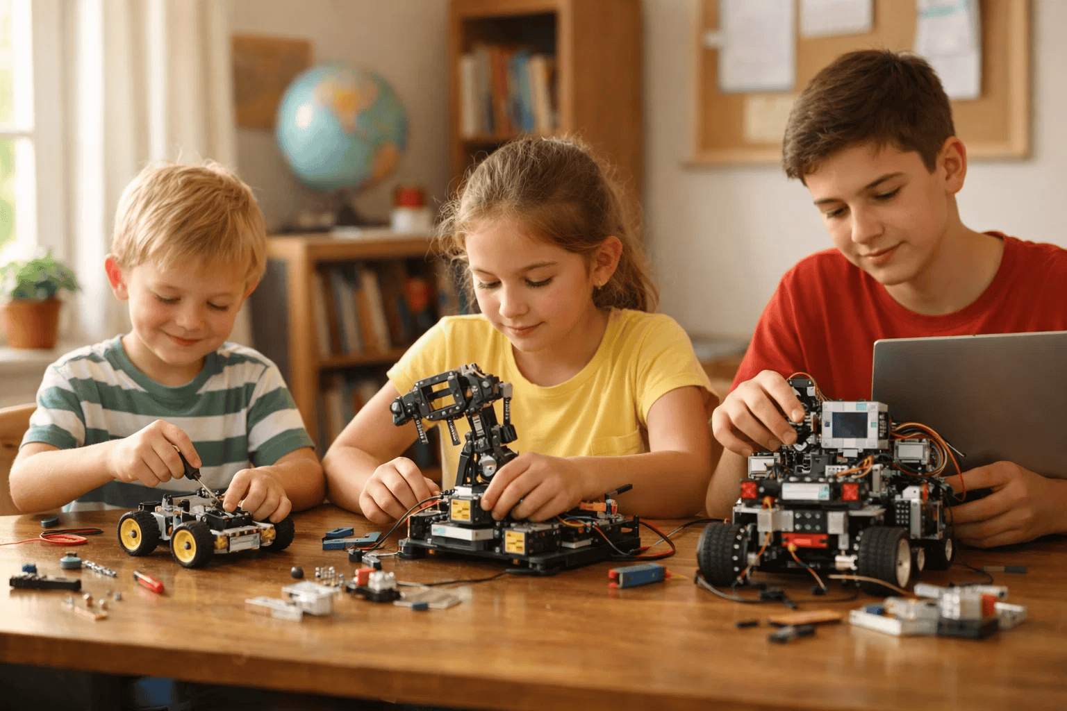 Children of different ages using beginner robotics kits suited to their skill level.