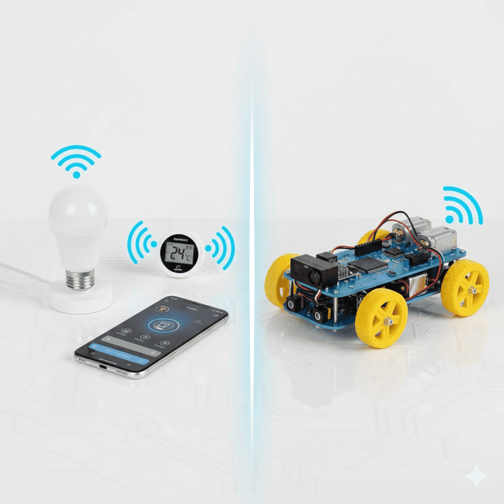 Side-by-side comparison illustrating difference between IoT connected devices and physical robotics systems for student learning