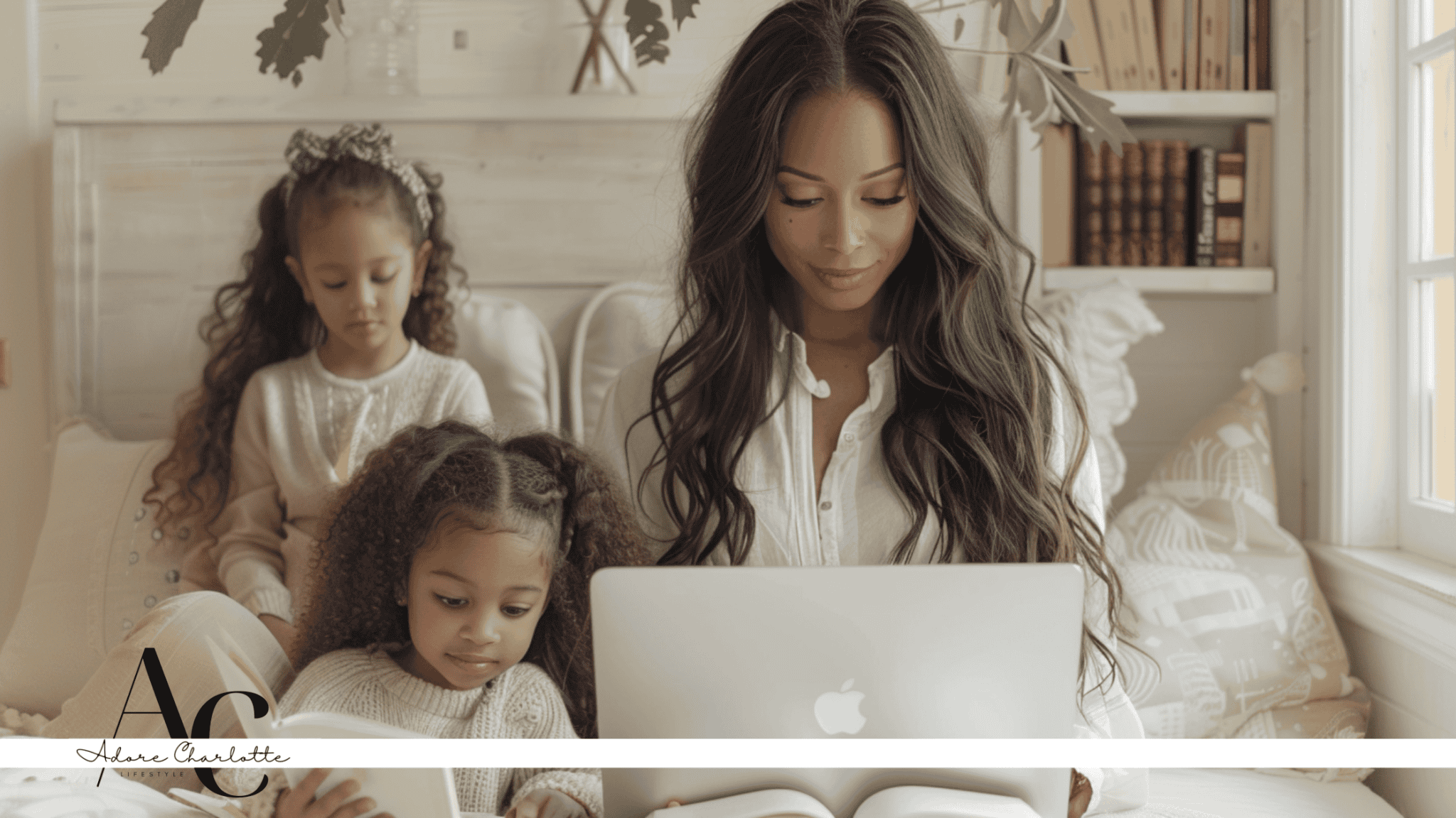 51 Passive Online Business Ideas for Moms, a woman working on a laptop and kids reading.