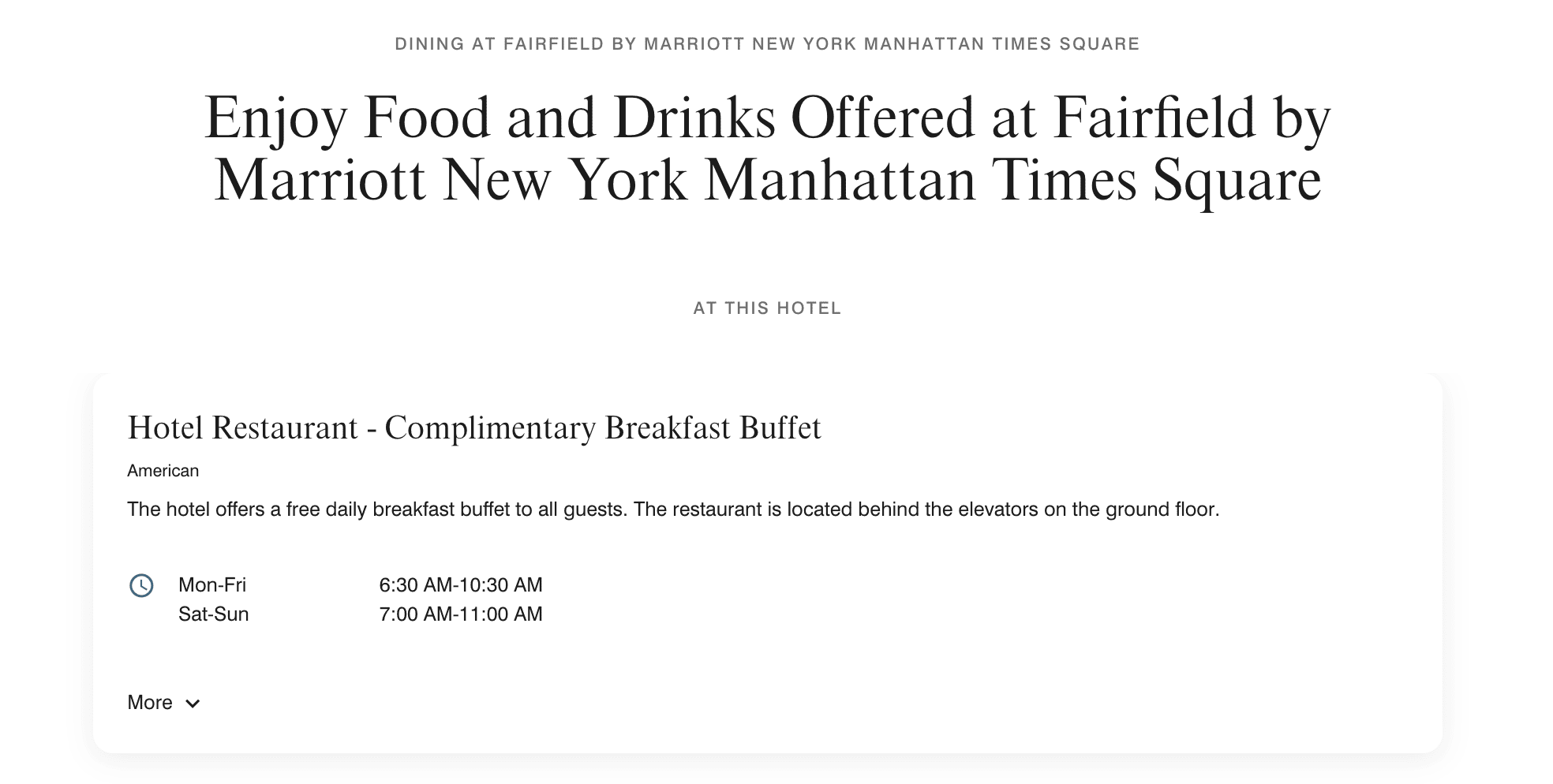 Marriott Free Breakfast: The Full Overview of Where the Benefit Applies — and How 1 Fairfield by Marriott New York Manhattan Times Square provides complimentary breakfast in the restaurant, opening hours