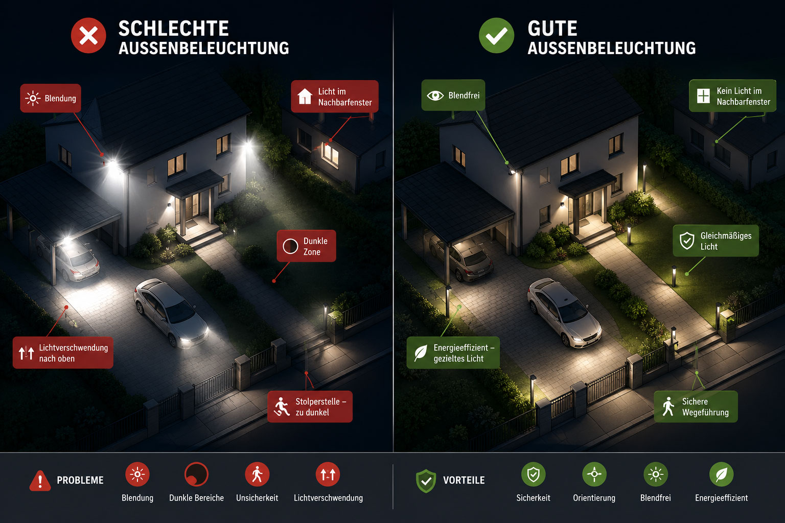 gute und schlechte außenbeleuchtung