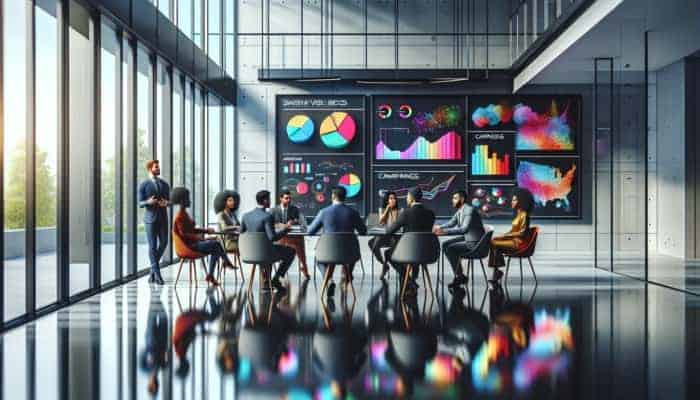 Team brainstorming campaign strategies with posters and digital analytics in a modern office.