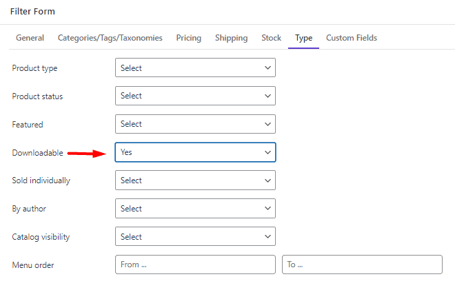 select yes option for downloadable field in type tab