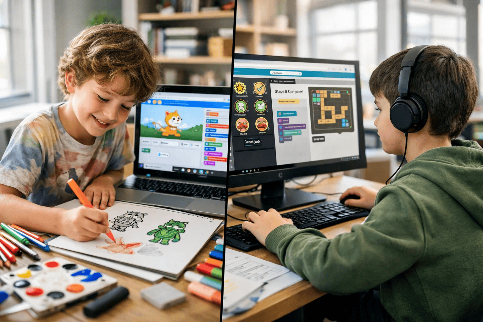 Split-screen image of two children coding: one drawing Scratch characters beside a laptop, the other using Code.org on a desktop with headphones.