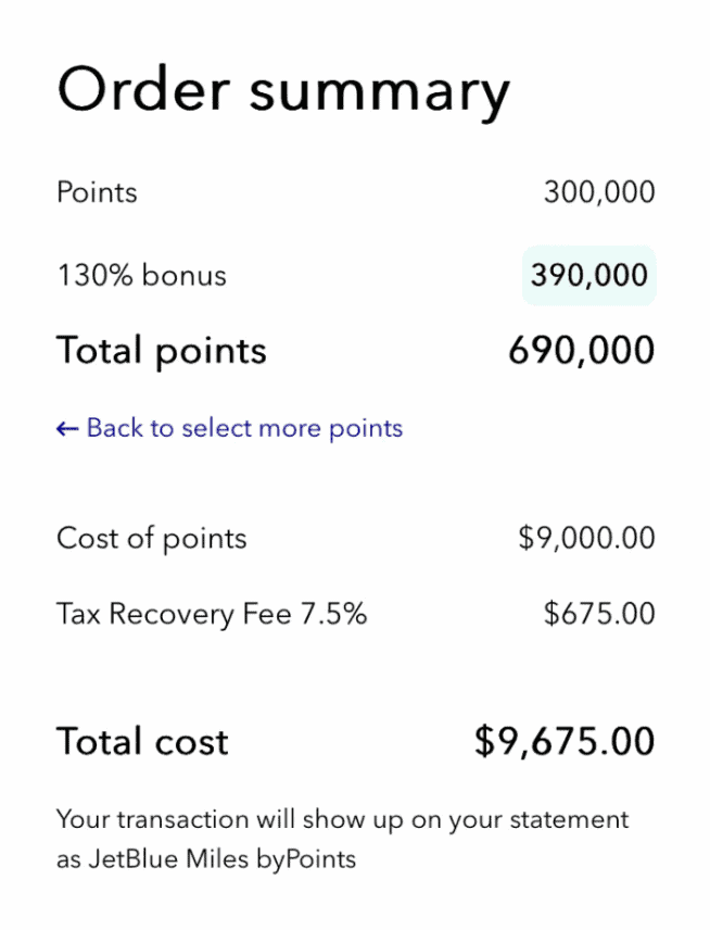 JetBlue Buy Points Up to 125% Bonus Through April 18, 2026 2 An example of buying points with a 125% bonus