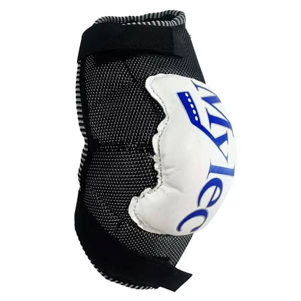 The Mylec 8" Youth Elbow Pad is a black and white protective sports elbow pad featuring "Mylec" in blue on the padded section.