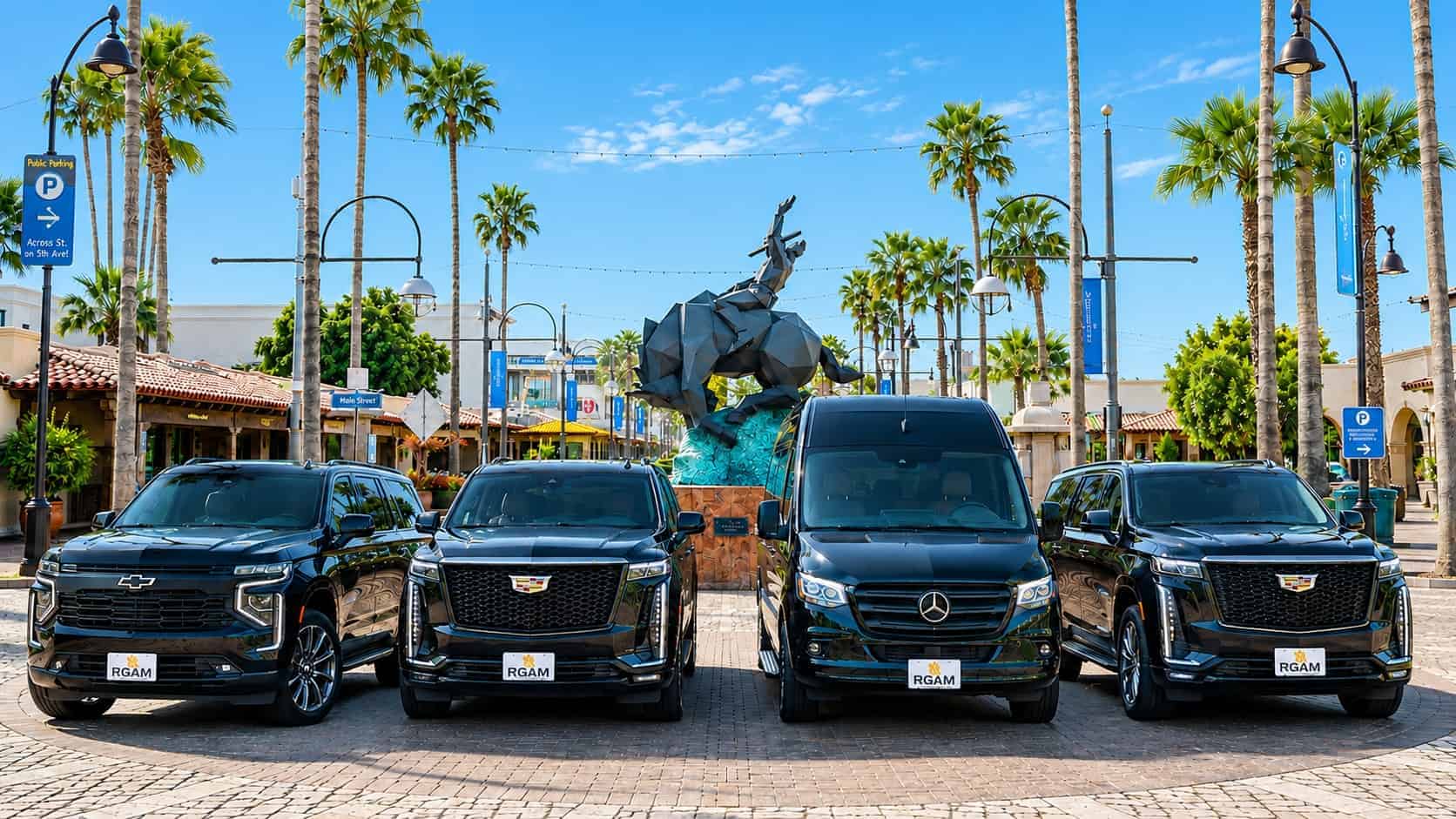 Scottsdale Limo Service | RGAM Transportation RGAM Transportation luxury fleet in Old Town Scottsdale featuring executive SUVs and Mercedes Sprinter transportation service