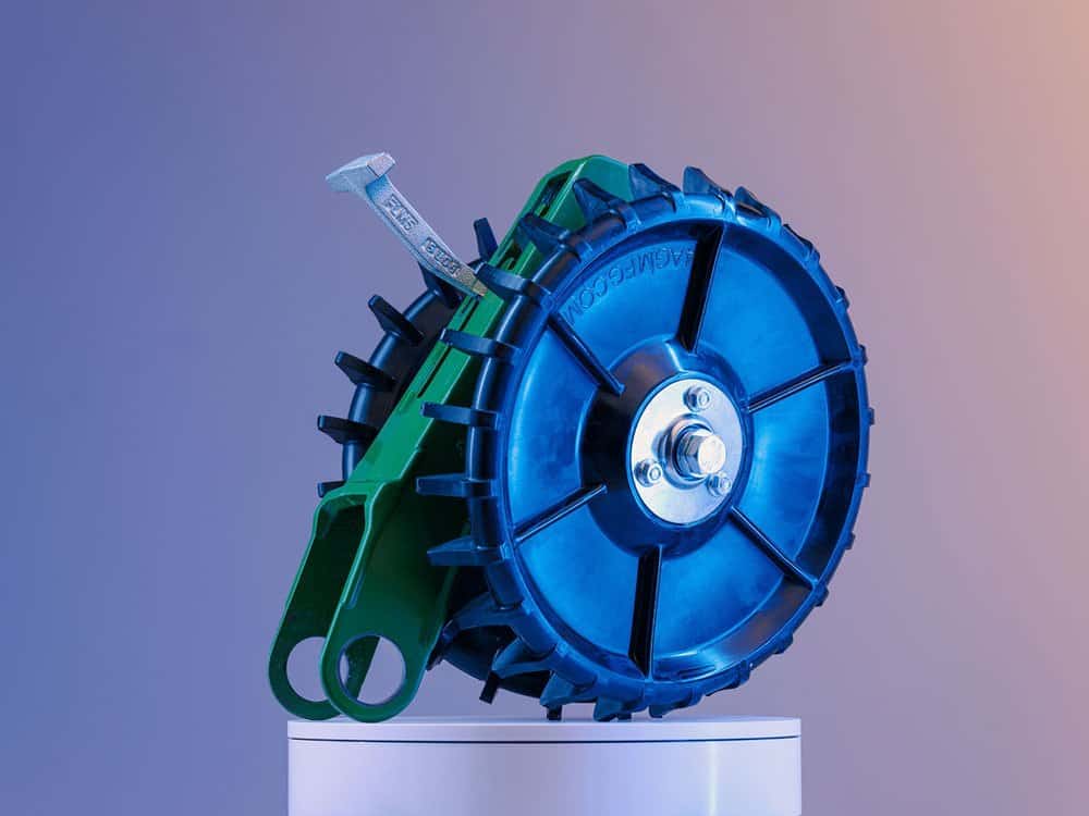 Side profile of 4Ag planter closing wheel showing wheel depth and rugged build