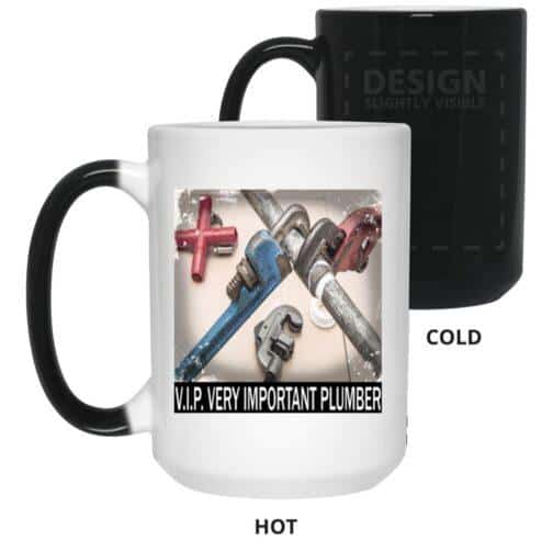1169-12308-107814638 V.I.P. Very Important Plumber heat reveal magic mug. Cold: black mug, design slightly visible. Hot: white mug with crossed plumber tools image. Funny plumber gift, color changing when hot.