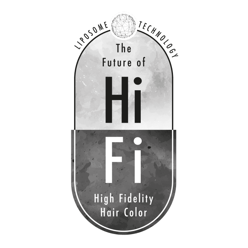 A graphic with the text: "Liposomal Technology. The Future of Hi Fi. High Fidelity Hair Color." The design is split into a light upper and dark lower half.
