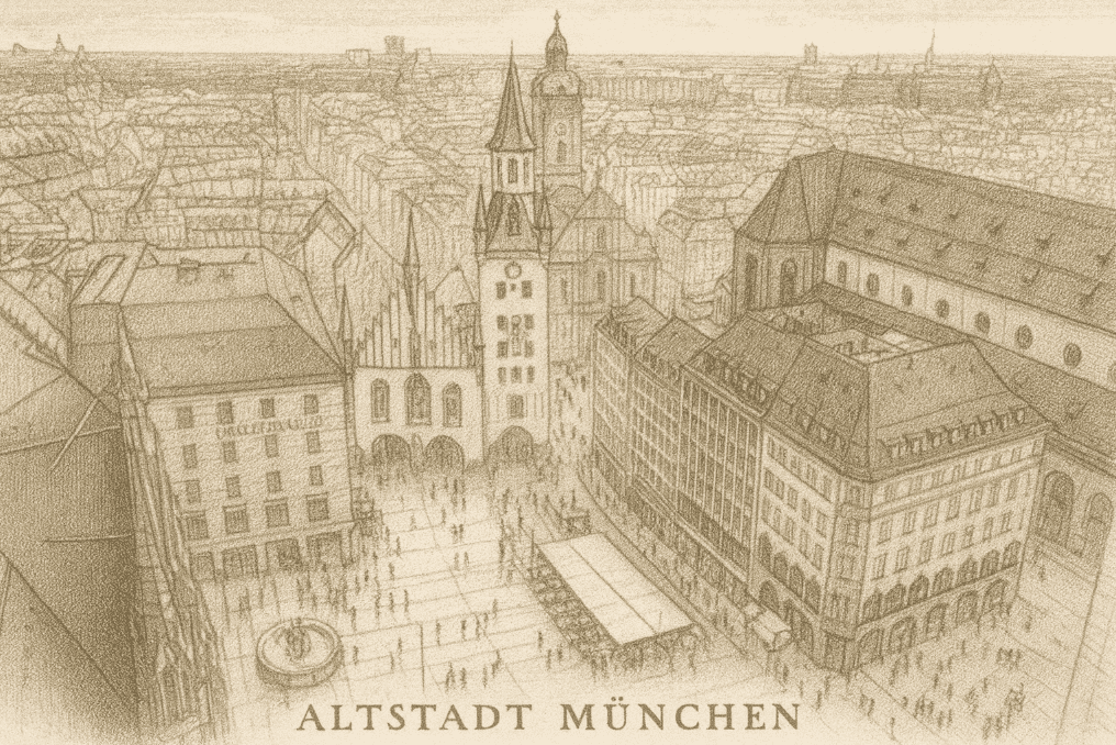 Bleistiftzeichnung im Querformat mit Text 'Altstadt München', zeigt den Marienplatz aus der Vogelperspektive mit Altem Rathaus, Kirchen und lebendigem Stadtleben.