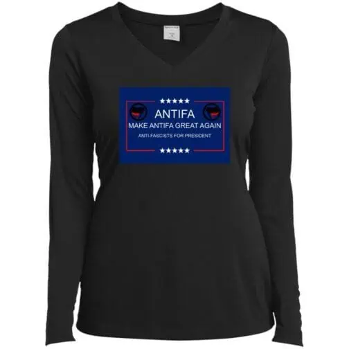 A black v-neck long-sleeve tee with a graphic that reads "Antifa. Make Antifa Great Again. Anti-Fascists for President" in red, white, and blue, referencing anti-fascist protest apparel.