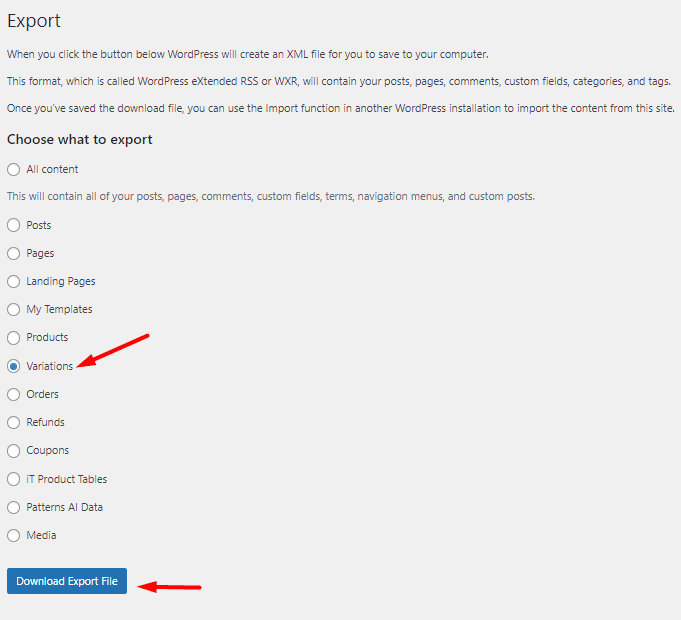 Export product variations from WordPress exporter