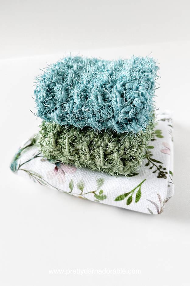 green and blue thick dishcloths made with scrubby yarn