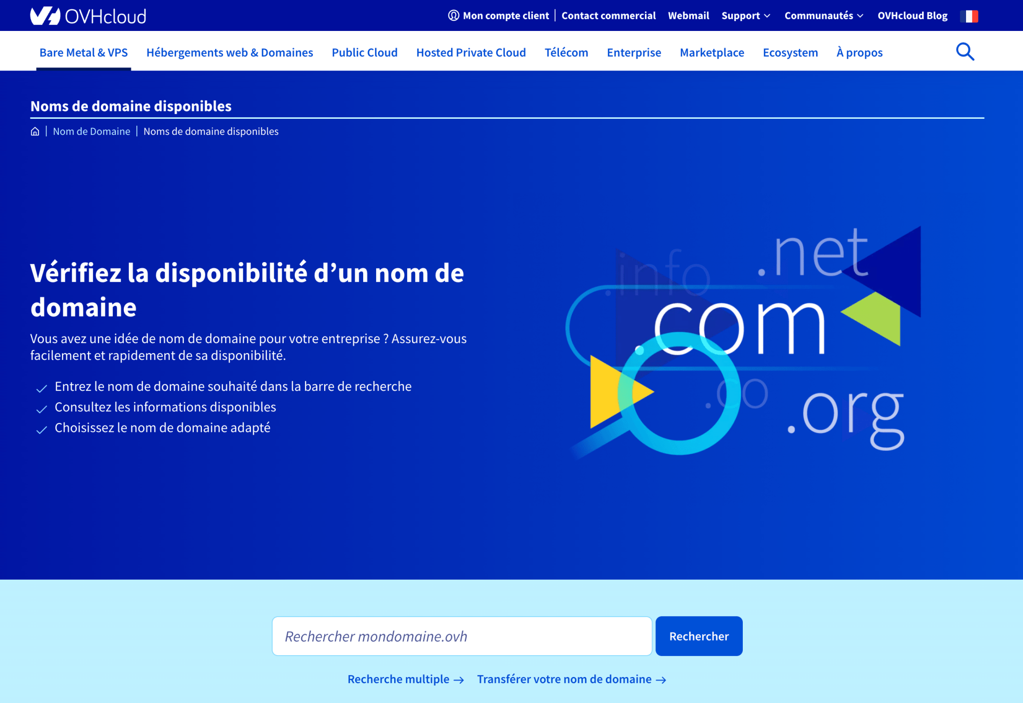 Interface OVH de recherche de disponibilité de noms de domaine.