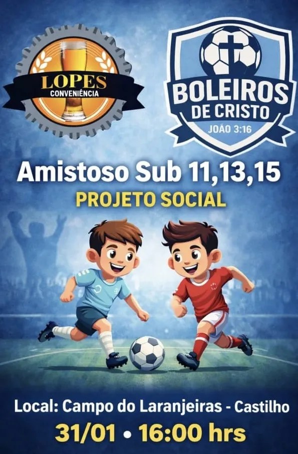 Amistoso de futebol em Castilho divulgado para categorias sub 11, sub 13 e sub 15 no Campo do Laranjeiras.