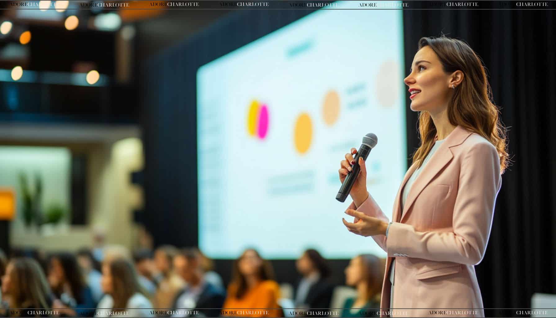 Female Speakers - A woman standing on stage holding a mic