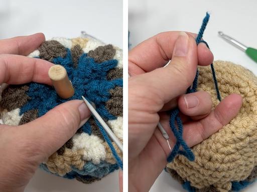 Two close-up photos show hands crocheting acorns with blue, white, brown, and beige yarn; "Free crochet acorn pattern" text visible. Free crochet pattern