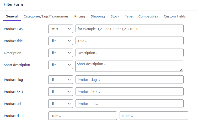select general tab in filter form