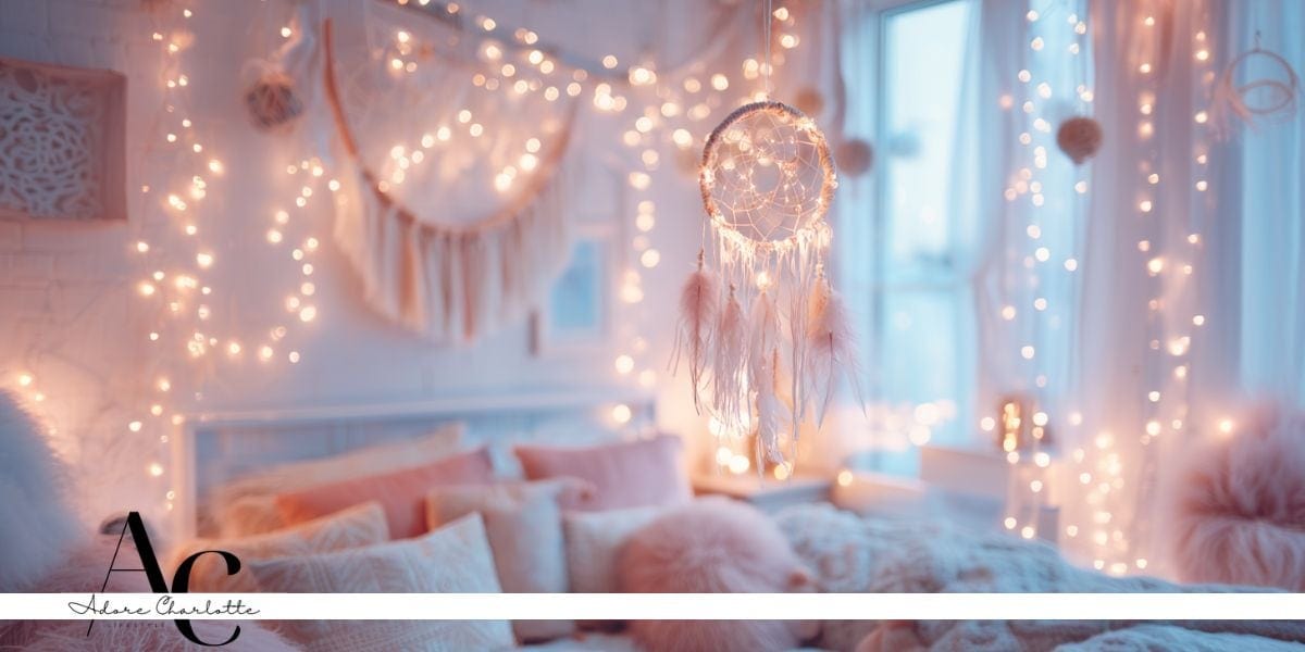 Boho Bedroom Lighting Ideas with a dream catcher and fairy lights