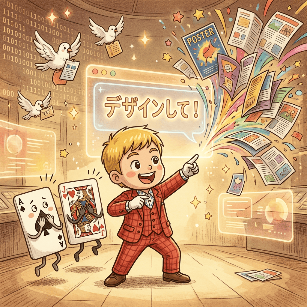 Adobe解約を決断!無料Affinityに乗り換えた3つの驚く理由【2026年版】 4 AIエージェントに「デザインして!」と指示するとチラシやポスターが飛び出すチビキャラ風イラスト。デザイン自動化の未来