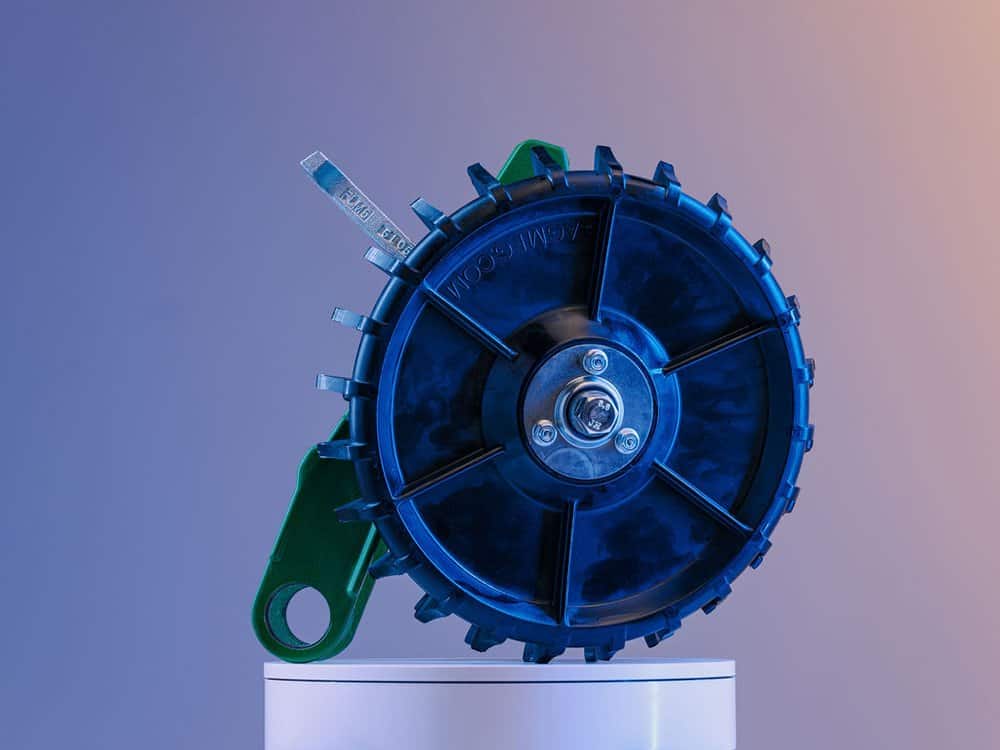 Close-up angled view of the 4Ag closing wheel from the left side