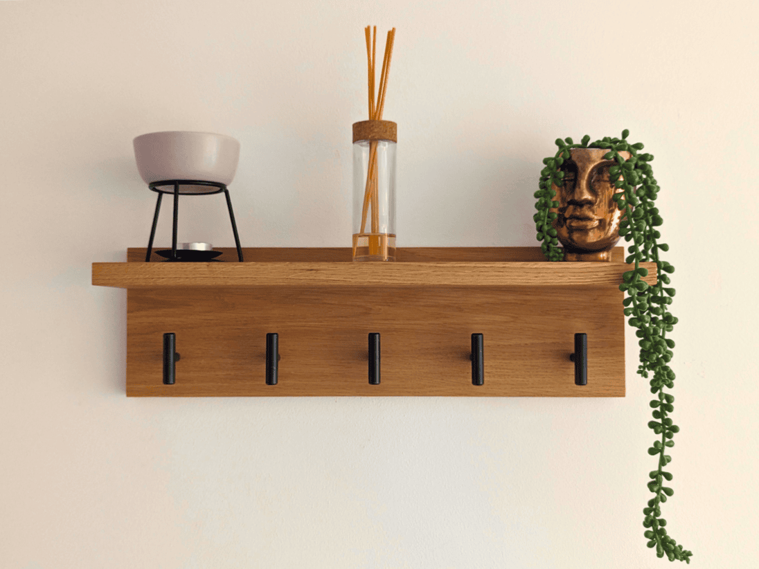Solid Oak Coat Rack With Shelf - straight view with black hooks and ornaments
