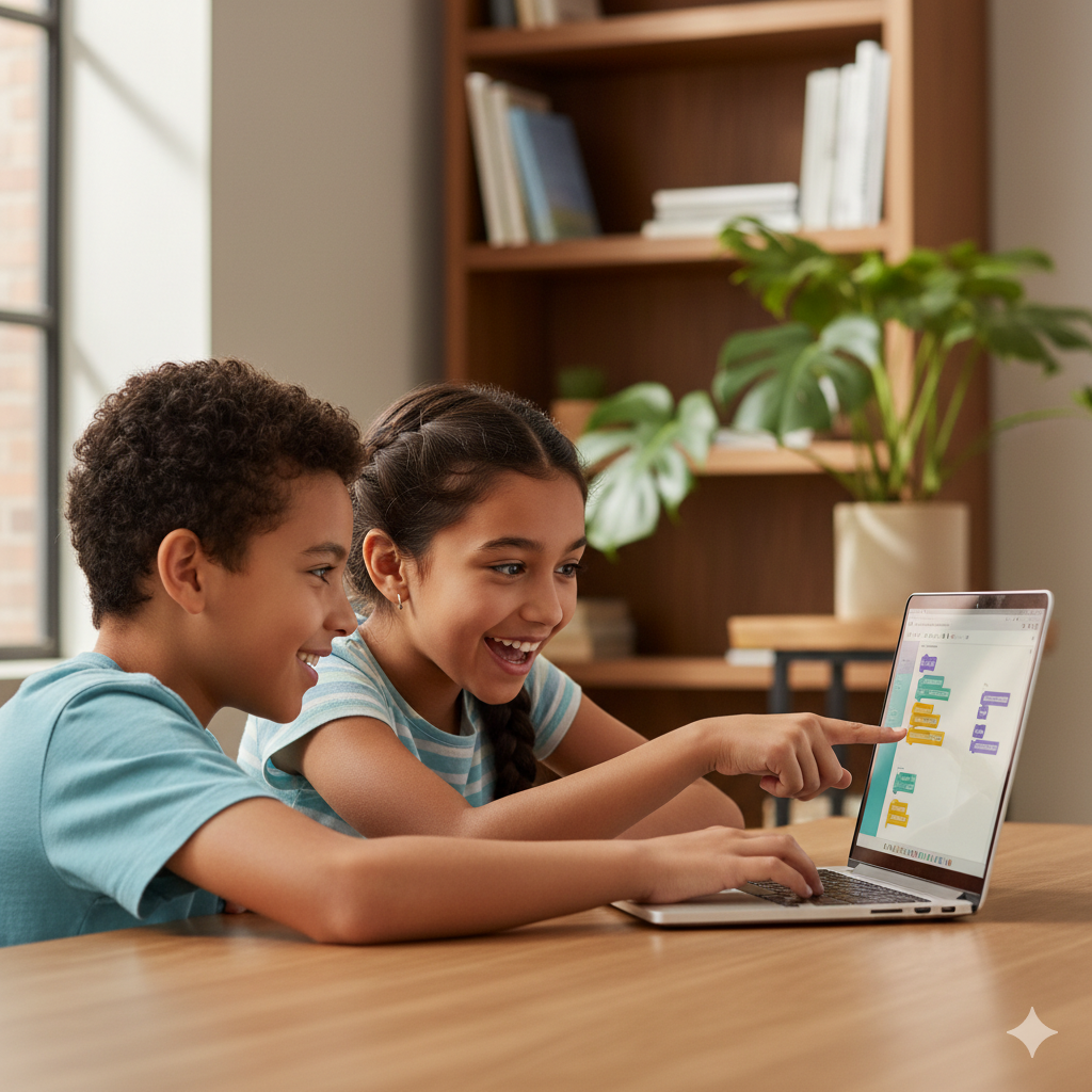 Children learning Scratch 3.0 programming together on laptop with parent guidance in comfortable home learning environment