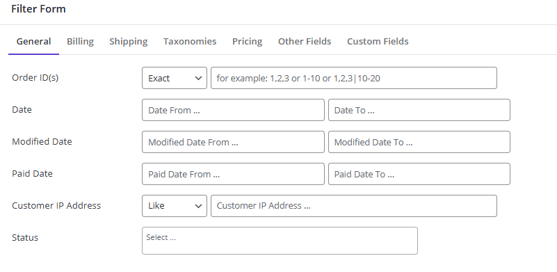 Orders filter form