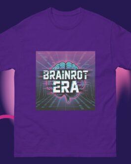 Brainrot Era Shirt featuring a neon brain graphic with glitch art. This unisex cotton graphic t-shirt is perfect for Gen Z meme streetwear and fans of cyberpunk style. Buy your retro futuristic tee online today!