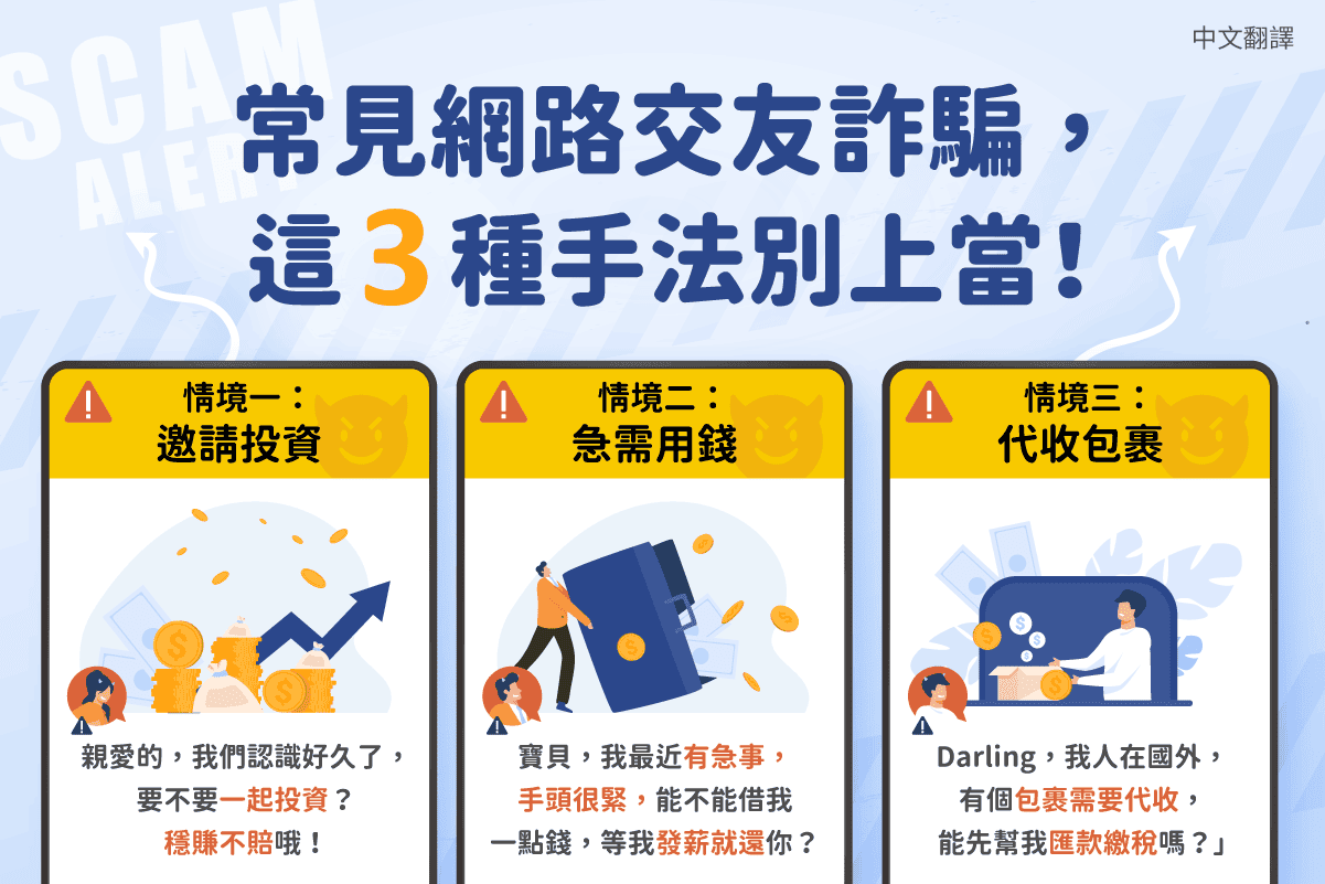移工宣導|3種常見網路交友詐騙-(詐騙)-多國語 移工宣導|3種常見網路交友詐騙-(詐騙)-多國語示意圖