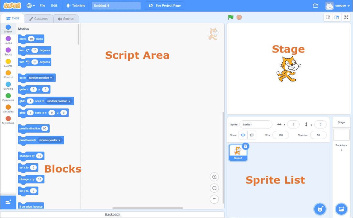 Scratch editor interface showing blocks panel, script area, stage, and sprite list