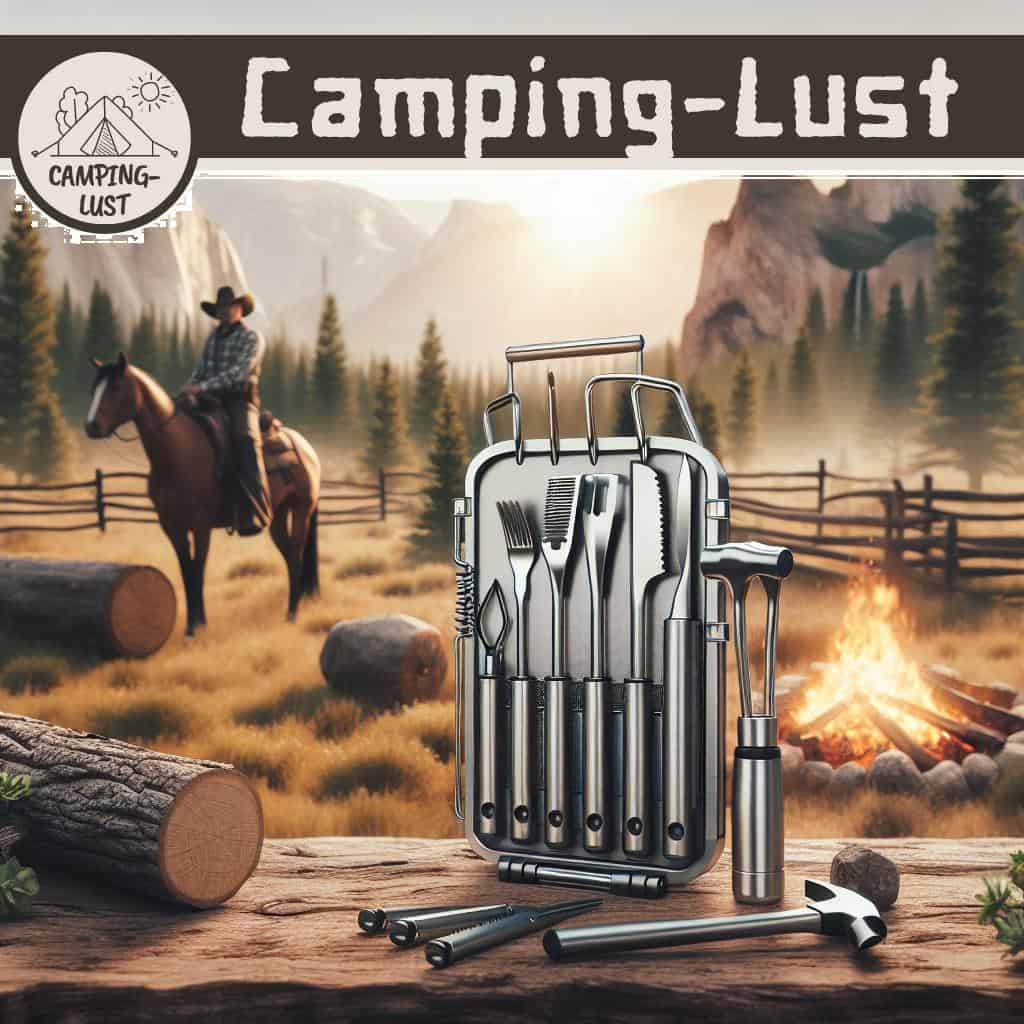 Ein Satz an Camping-Barbecue-Werkzeugen, bestehend aus einer Grillzange, einer Grillgabel und einem Grillpinsel, perfekt für den Einsatz beim Grillen im Freien.