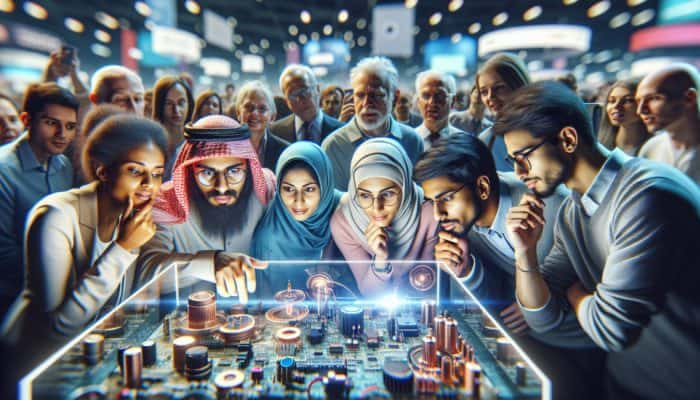 A diverse group of tech enthusiasts at a tech expo, examining latest gadgets with focused expressions.