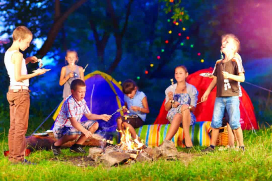 Kids in summer camp celebrating their camp fire