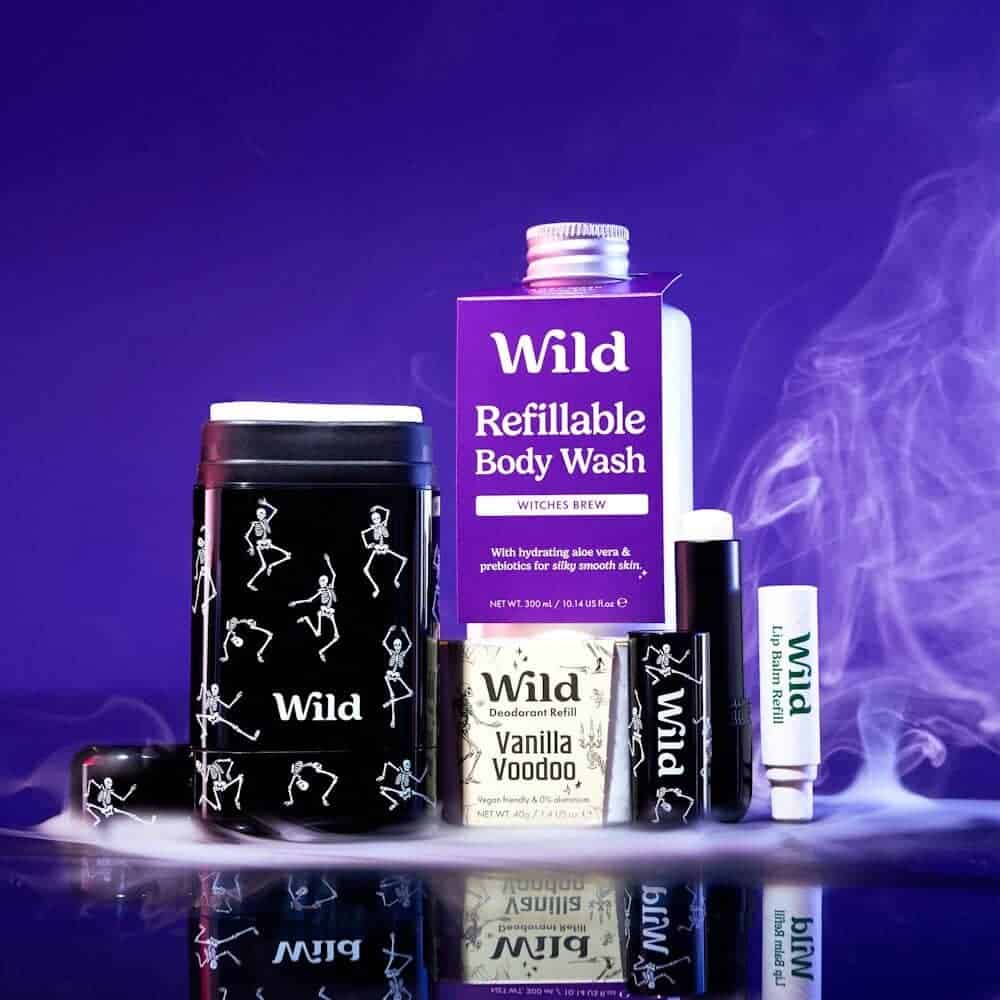 Wild Halloween Boo Basket with stick deodorant and lip balm cases, refills and a body wash refill