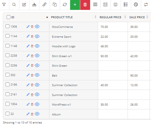 Products list in WooCommerce products bulk edit plugin table