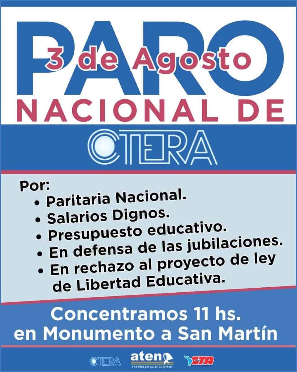 Convocatoria de ATEN al paro nacional docente del lunes 3 de agosto de 2026