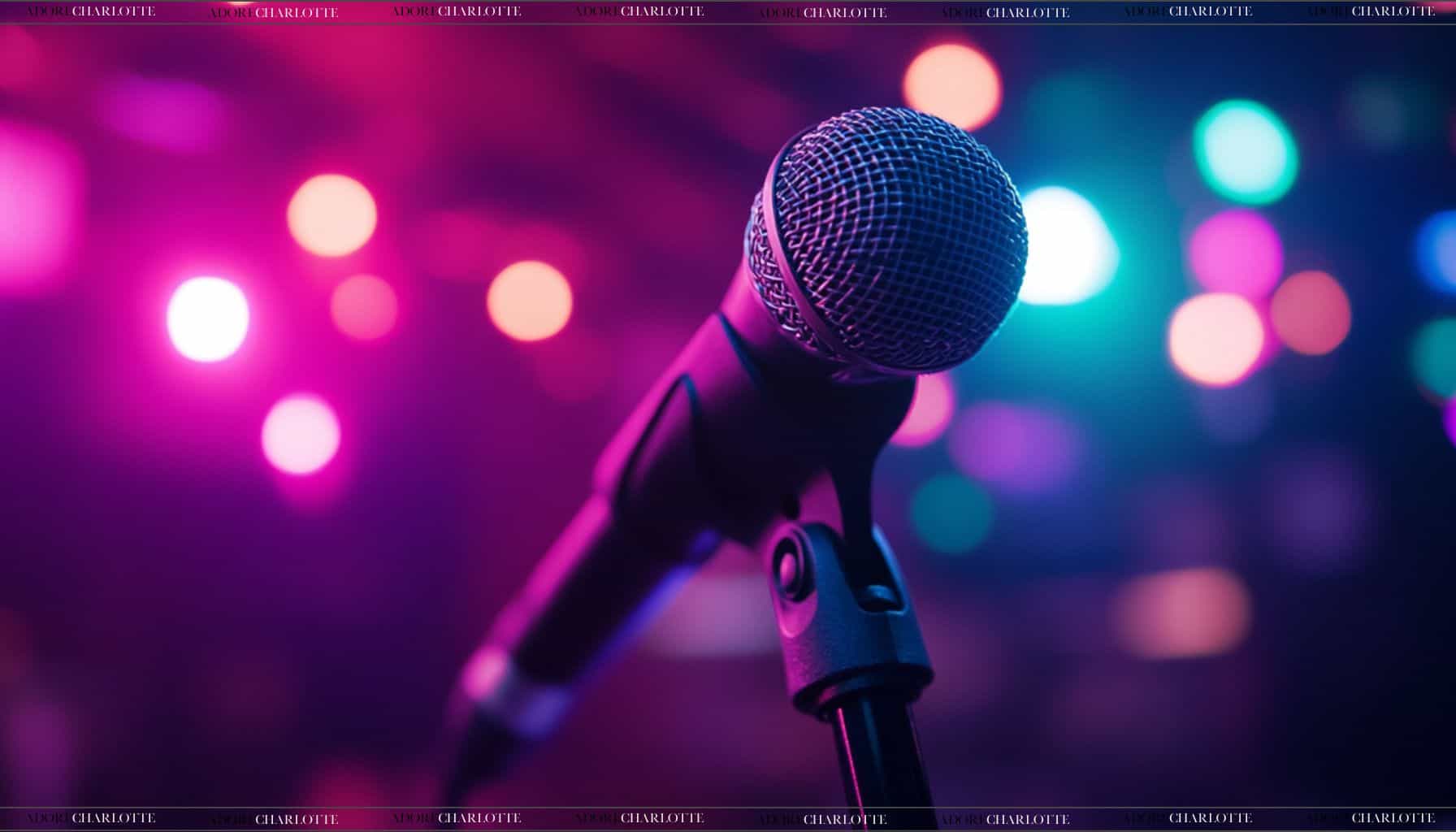 A mic in an aesthetically pleasing karaoke bar.