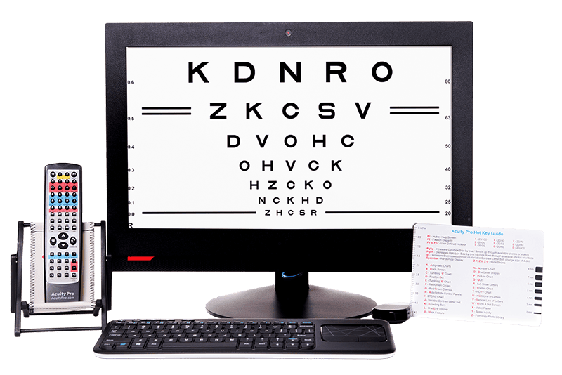 Acuity pro digital visual acuity software interface displaying a snellen chart for eye examinations.