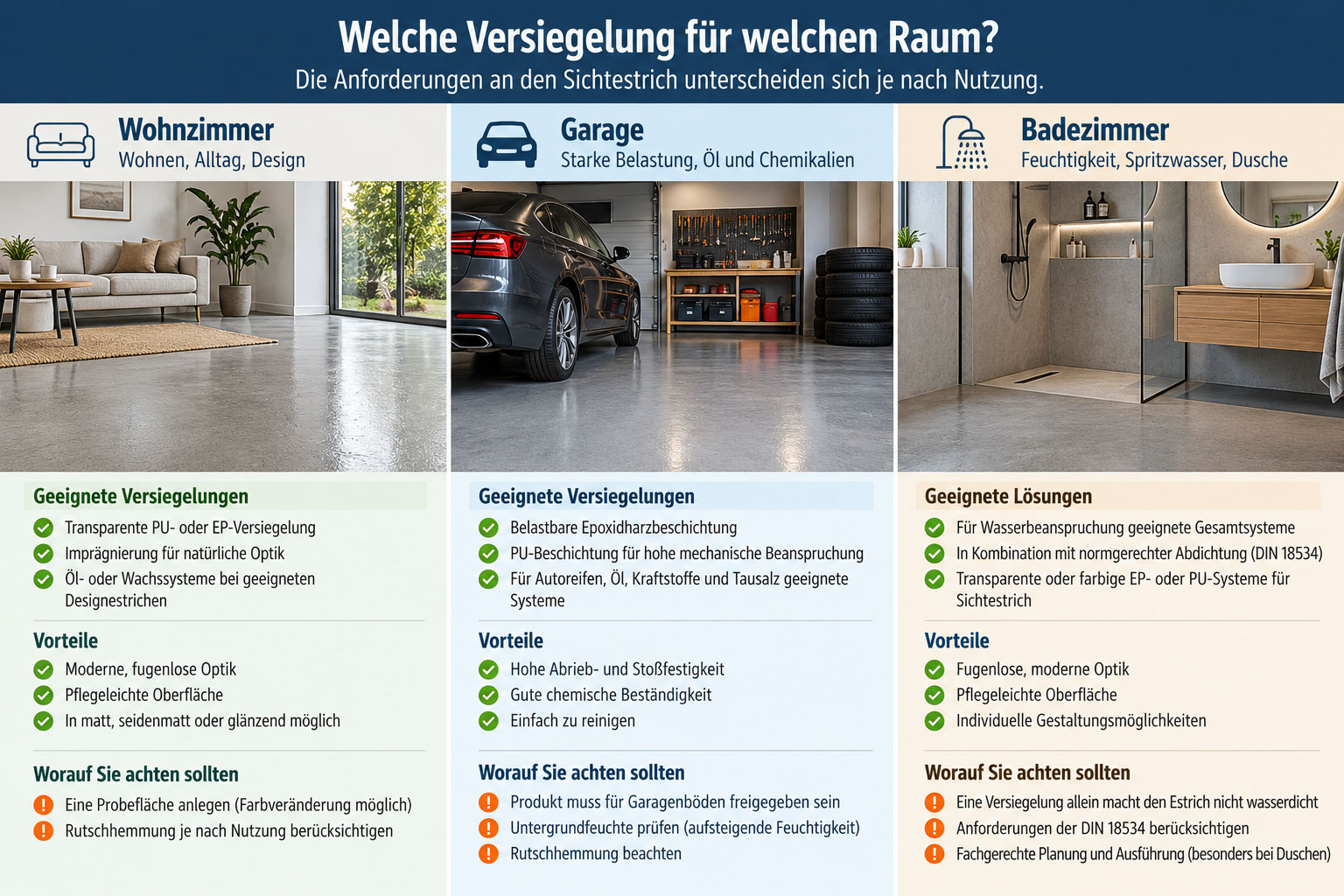 Dreiteilige Infografik mit Wohnzimmer, Garage und Badezimmer sowie Empfehlungen für geeignete Estrichversiegelungen und Hinweise zu Belastbarkeit, Feuchtigkeit und Abdichtung.