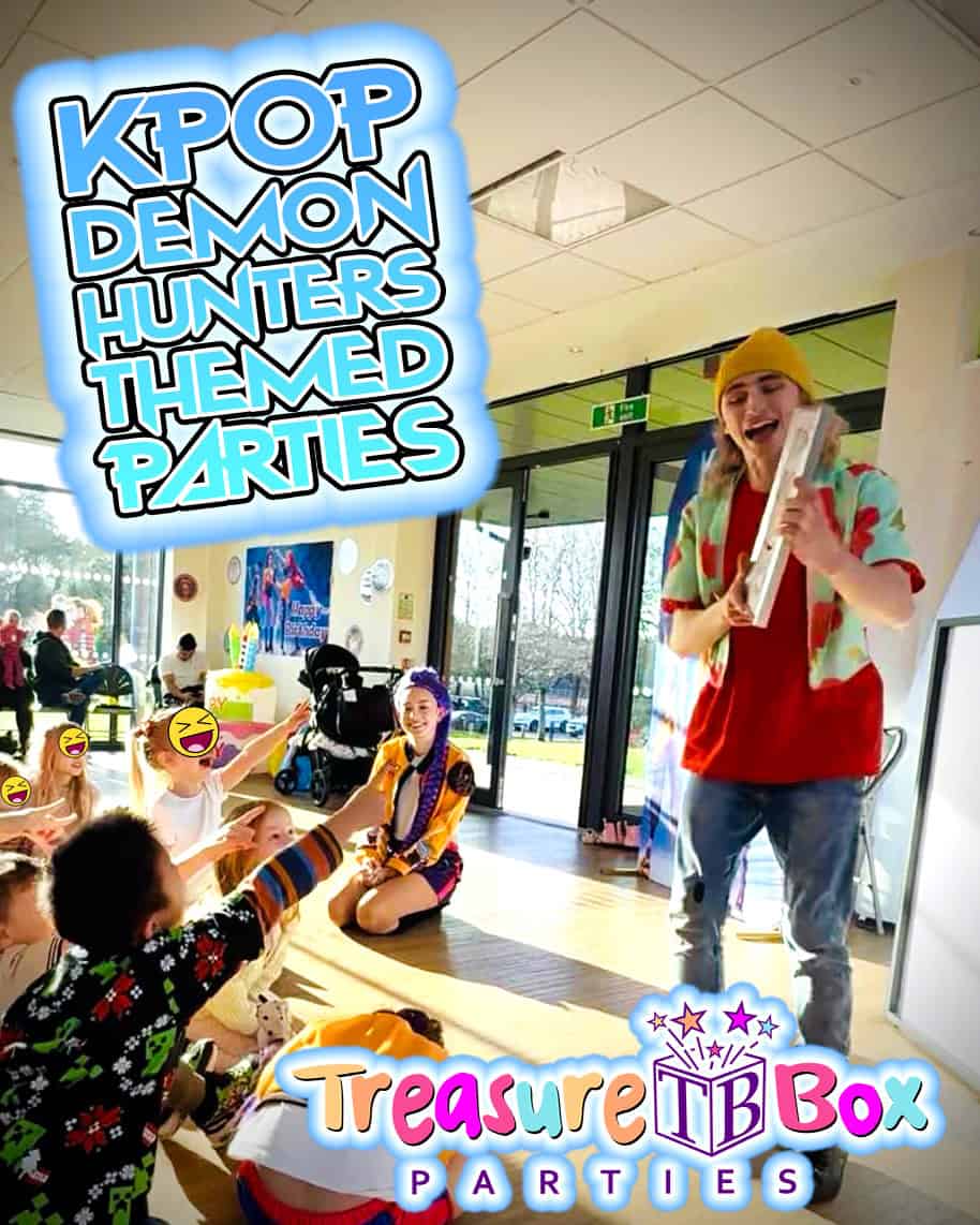 KPOP themed children’s party entertainer in Farnborough Hampshire - Childrens Party Entertainers | Surrey Hampshire and Berkshire | Treasure Box Parties KPOP Demon Hunters children’s party entertainer engaging children at a birthday party in Farnborough Hampshire