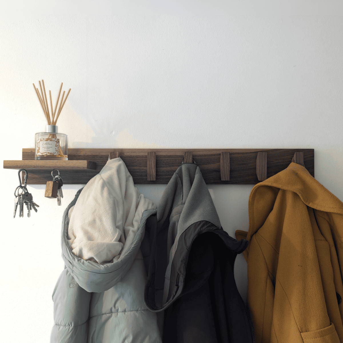 Solid Black Walnut Coat Rack With Shelf & Key Holders - wide view