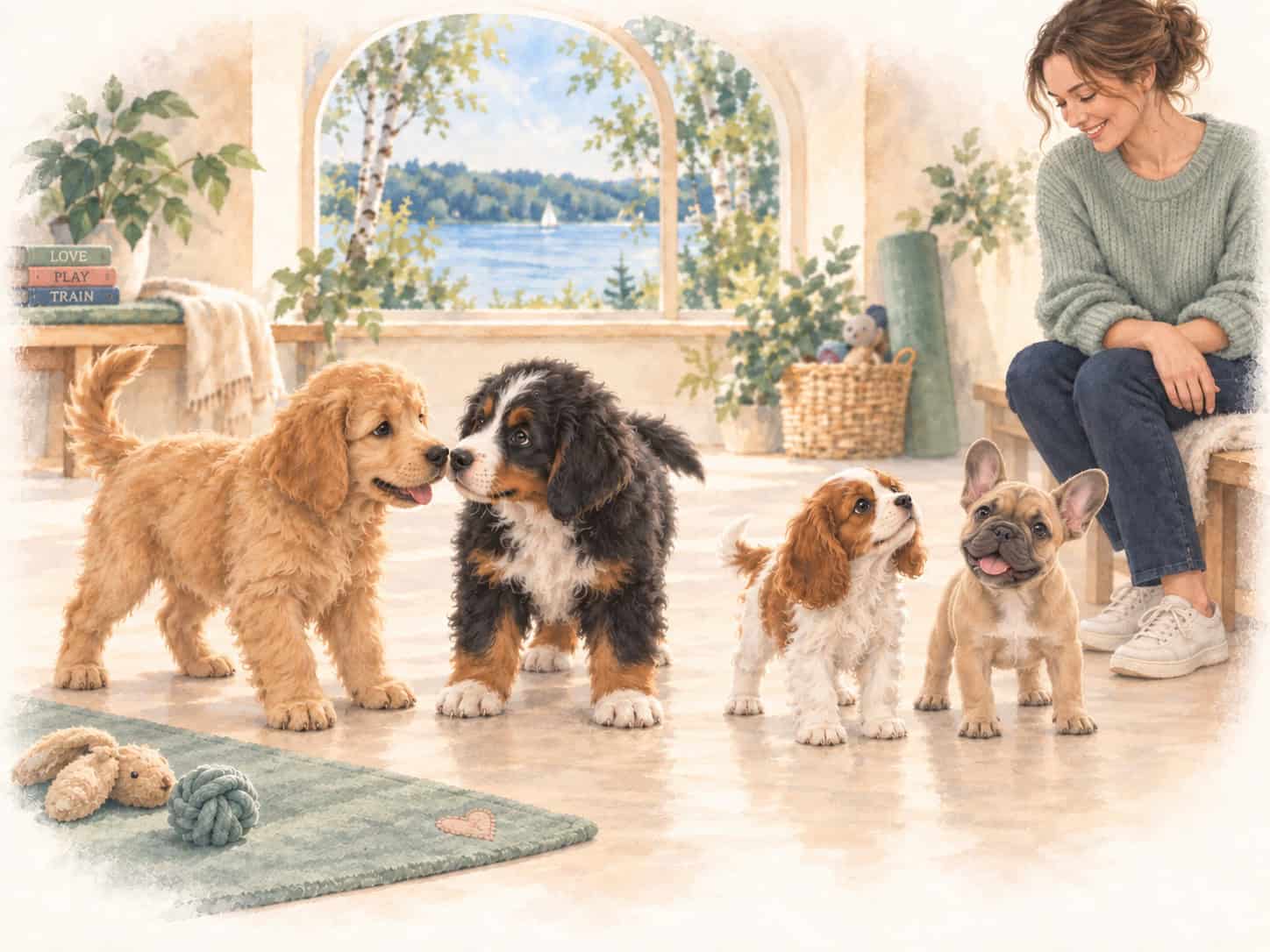 Watercolor illustration of two larger-breed puppies, a Cavalier and a French Bulldog beside a seated coach, with Love, Play and Train books tucked into the scene.