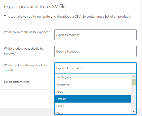 select Product categories in export form