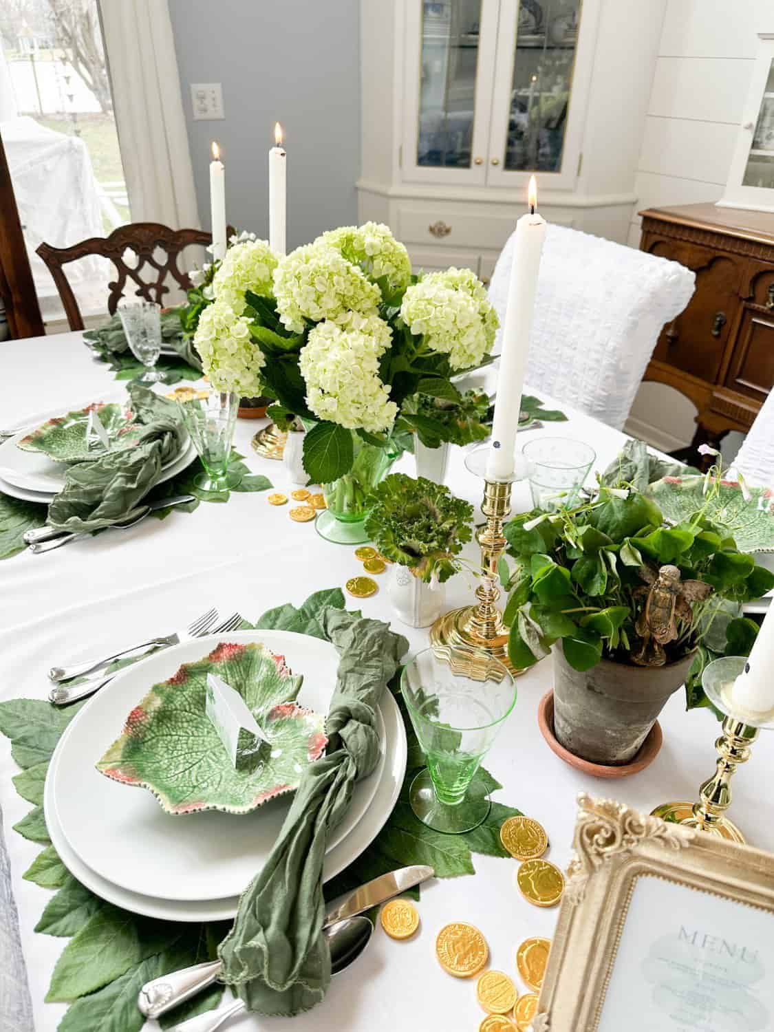 view of the St. Patrick's Day Table. Highlighting the hydrangea and shamrock centerpiece